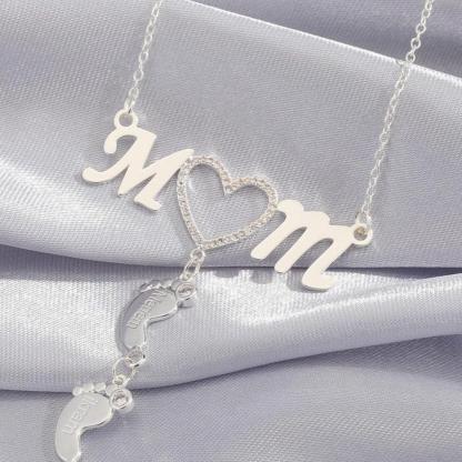 Personalized 925 Sterling Silver CZ Love Heart Pendant - Mom 1 Baby Feet Drop Pendant Necklace - Personalized Jewel