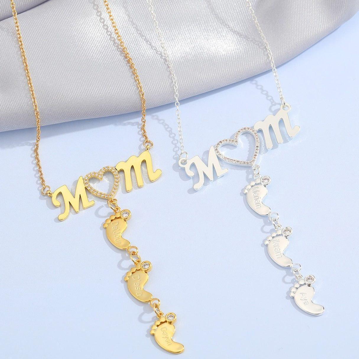 Personalized 925 Sterling Silver CZ Love Heart Pendant - Mom 4 Baby Feet Drop Pendant Necklace - Personalized Jewel