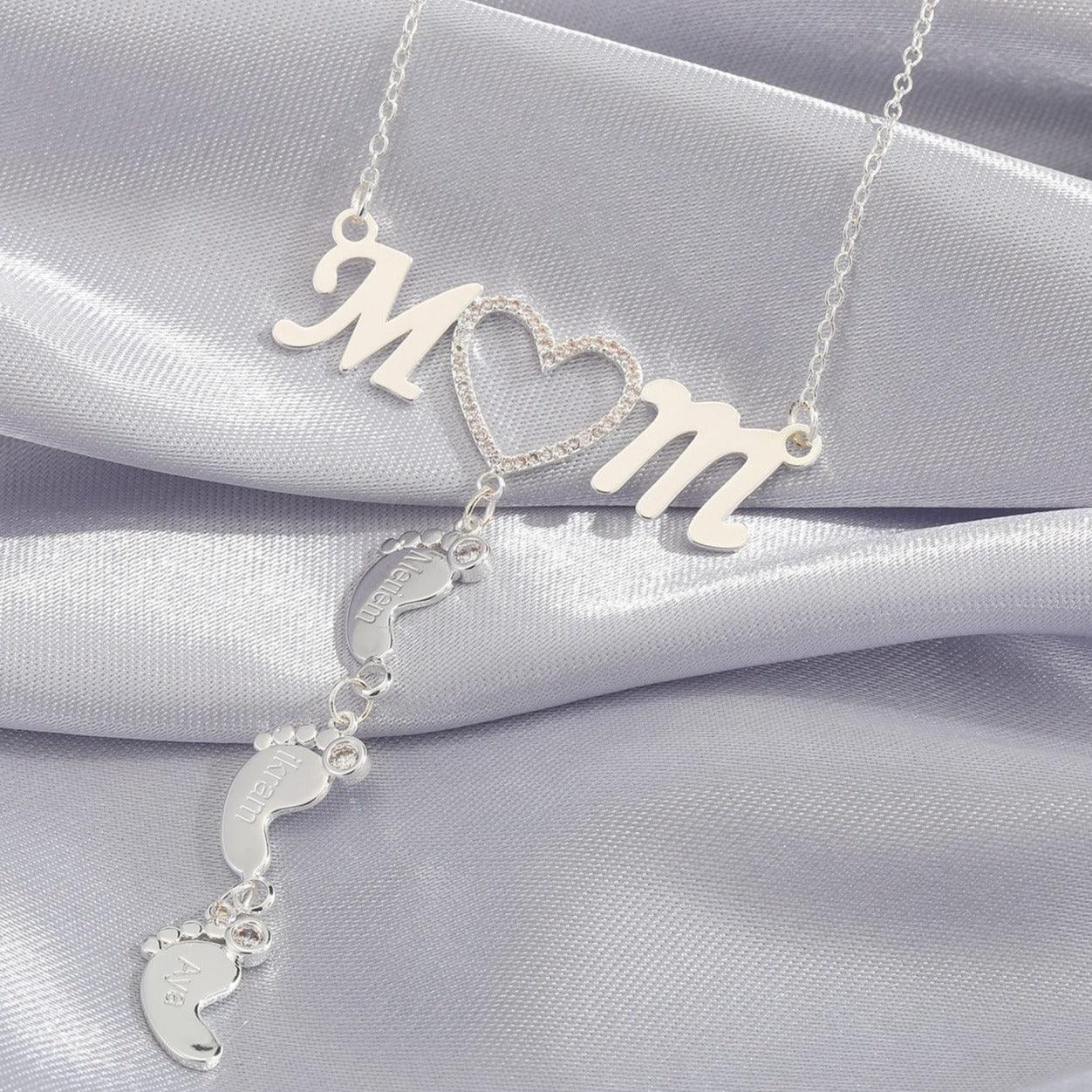 Personalized 925 Sterling Silver CZ Love Heart Pendant - Mom 4 Baby Feet Drop Pendant Necklace - Personalized Jewel