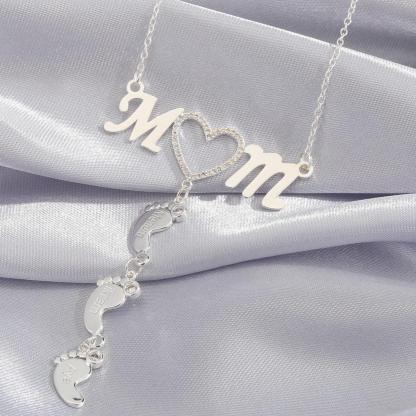 Personalized 925 Sterling Silver CZ Love Heart Pendant - Mom 4 Baby Feet Drop Pendant Necklace - Personalized Jewel