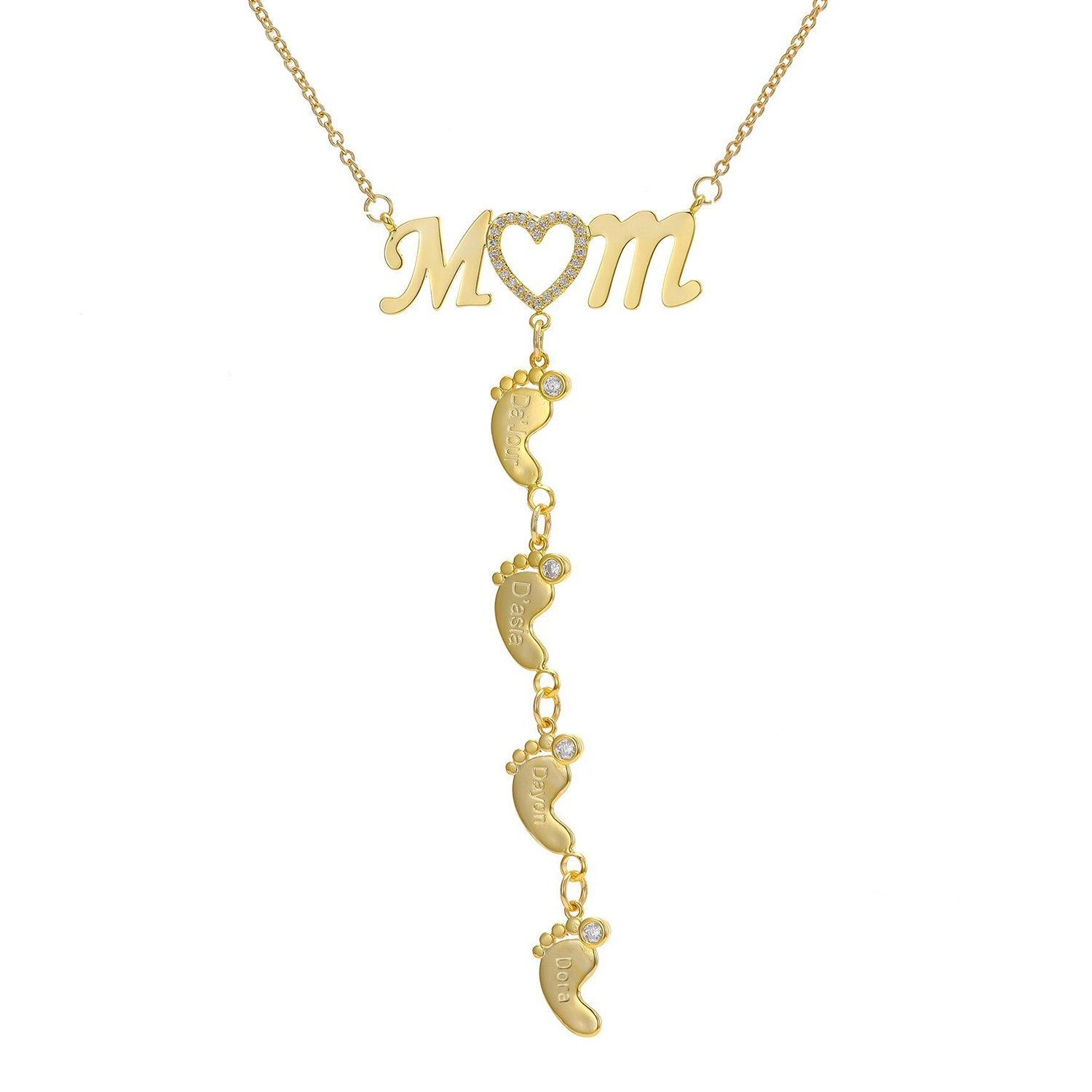 Personalized 925 Sterling Silver CZ Love Heart Pendant - Mom 4 Baby Feet Drop Pendant Necklace - Personalized Jewel