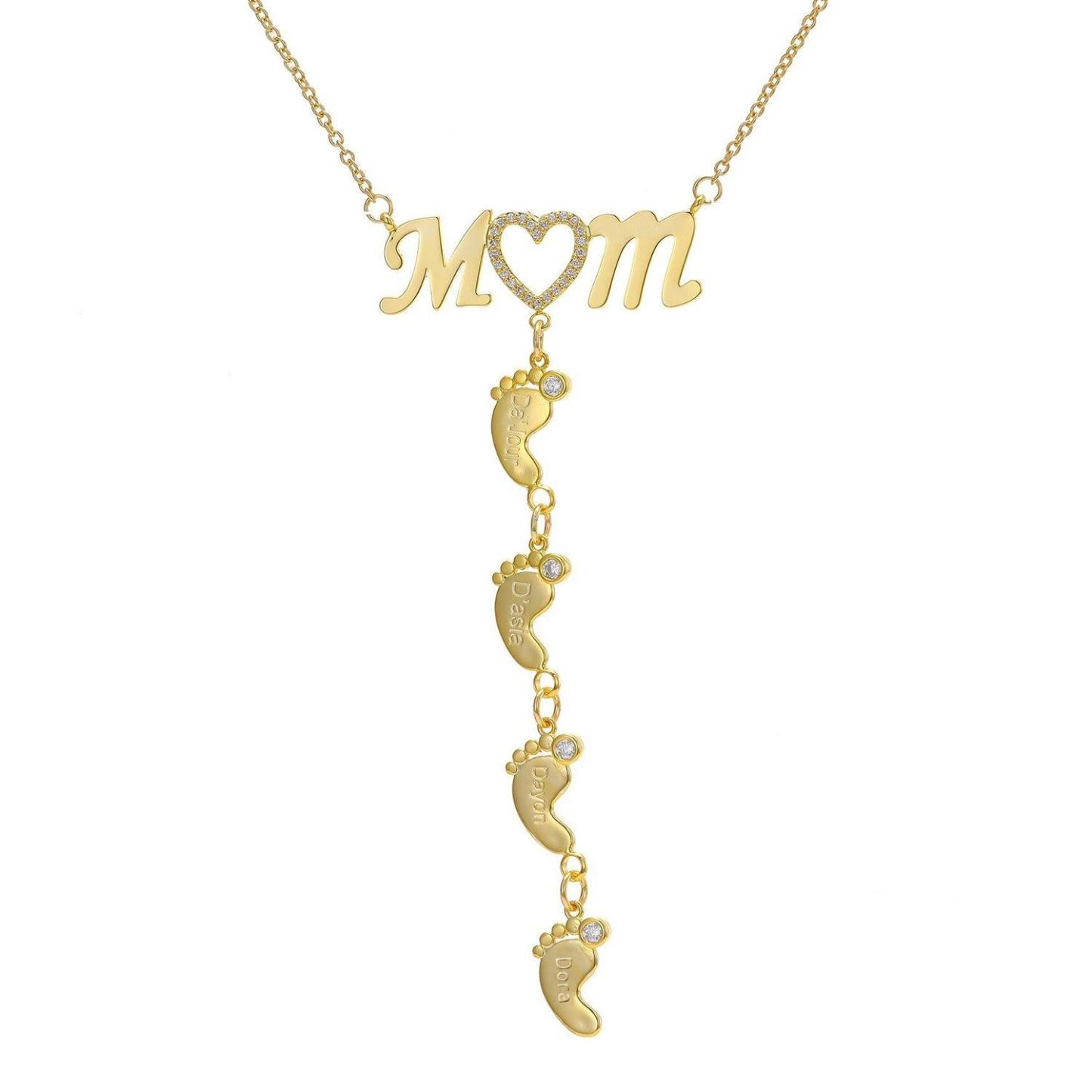 Personalized 925 Sterling Silver CZ Love Heart Pendant - Mom 4 Baby Feet Drop Pendant Necklace - Personalized Jewel