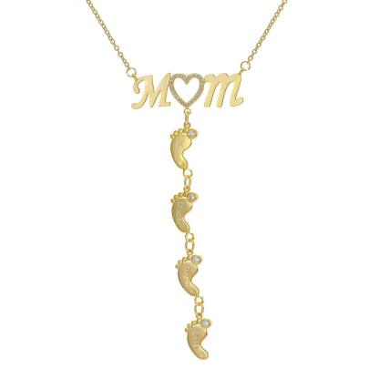 Personalized 925 Sterling Silver CZ Love Heart Pendant - Mom 4 Baby Feet Drop Pendant Necklace - Personalized Jewel