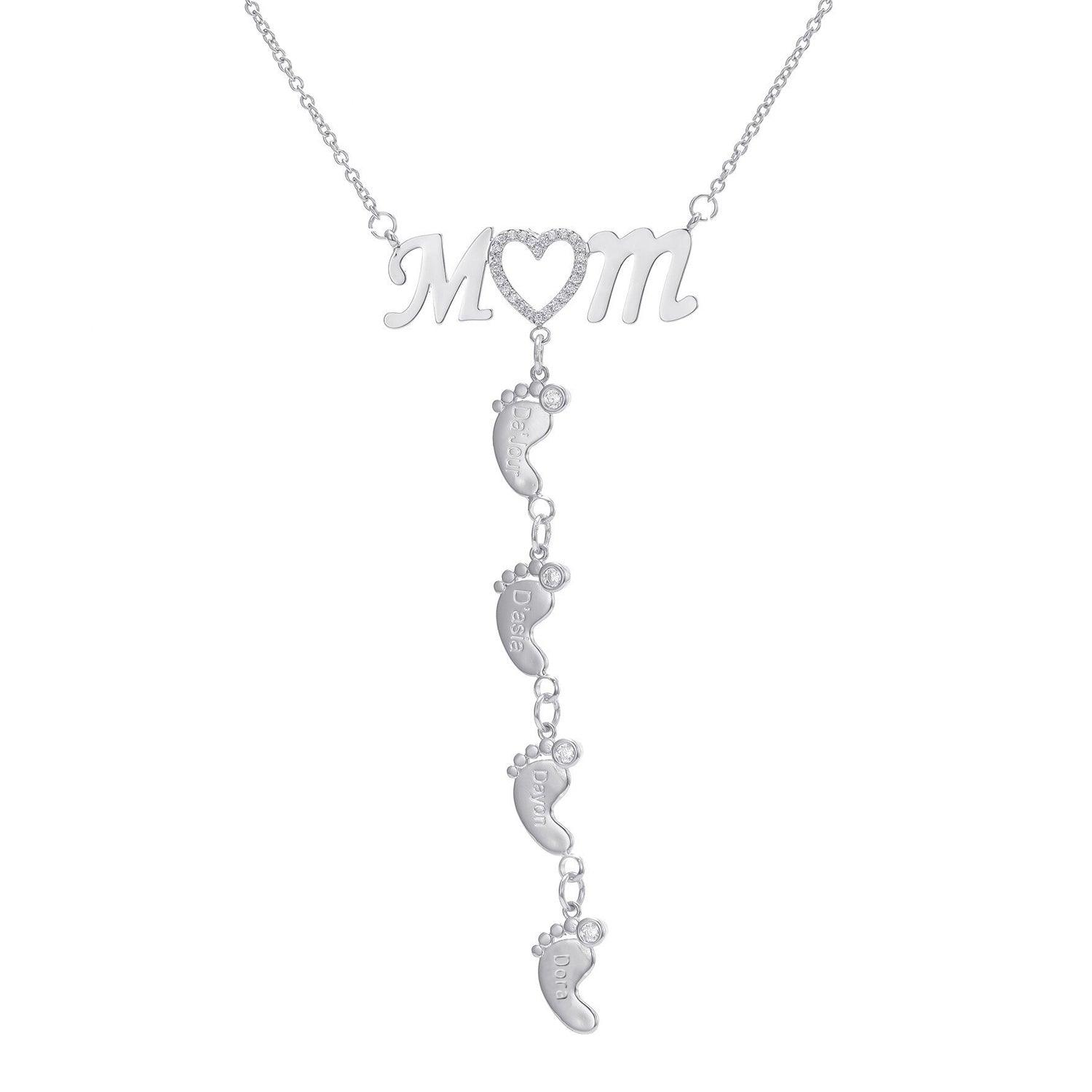 Personalized 925 Sterling Silver CZ Love Heart Pendant - Mom 4 Baby Feet Drop Pendant Necklace - Personalized Jewel