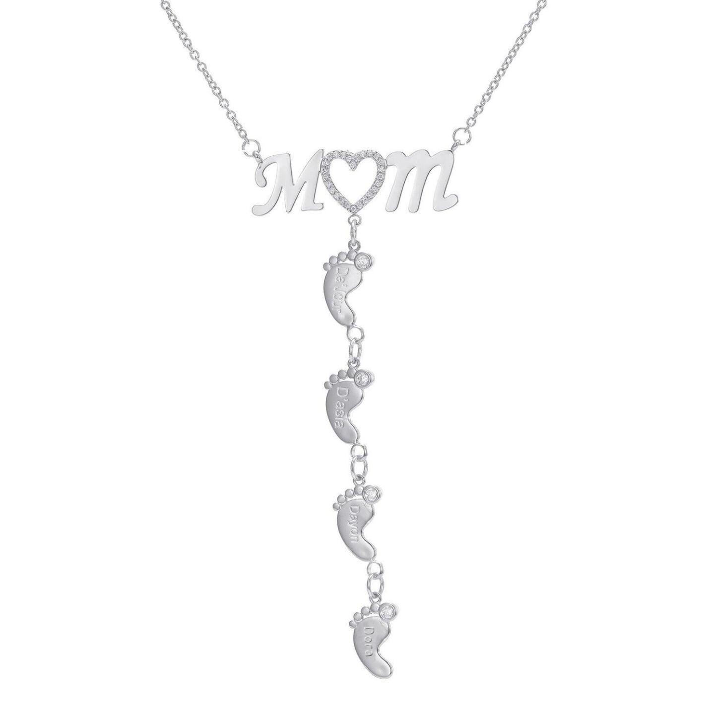 Personalized 925 Sterling Silver CZ Love Heart Pendant - Mom 4 Baby Feet Drop Pendant Necklace - Personalized Jewel