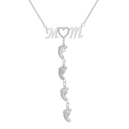 Personalized 925 Sterling Silver CZ Love Heart Pendant - Mom 4 Baby Feet Drop Pendant Necklace - Personalized Jewel