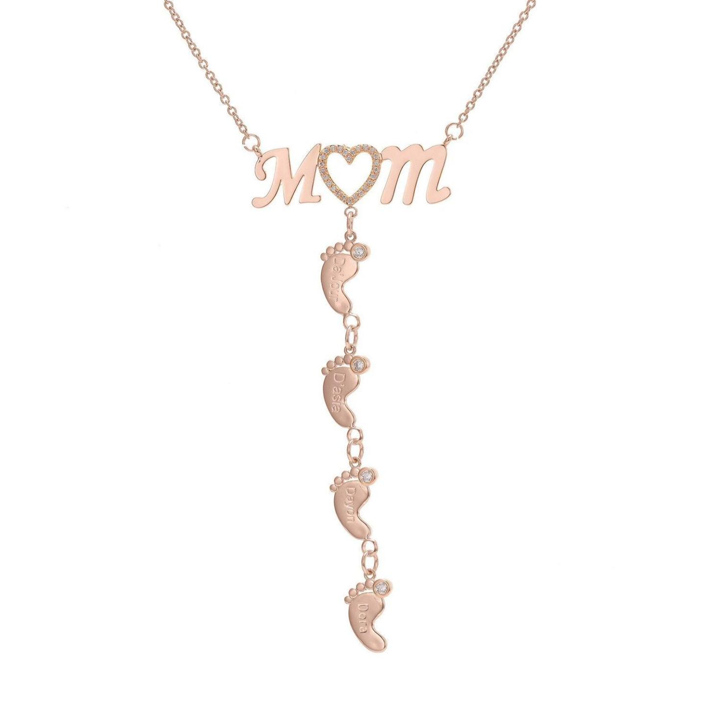 Personalized 925 Sterling Silver CZ Love Heart Pendant - Mom 4 Baby Feet Drop Pendant Necklace - Personalized Jewel