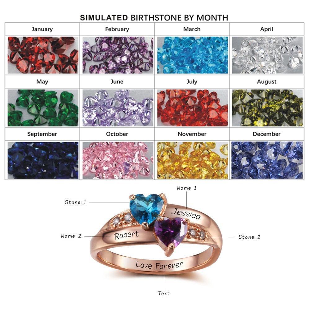 Personalized 925 Sterling Silver CZ Rings - Heart Shape Birthstones - Engrave Two Custom Names - Gifts for Her - Personalized Jewel