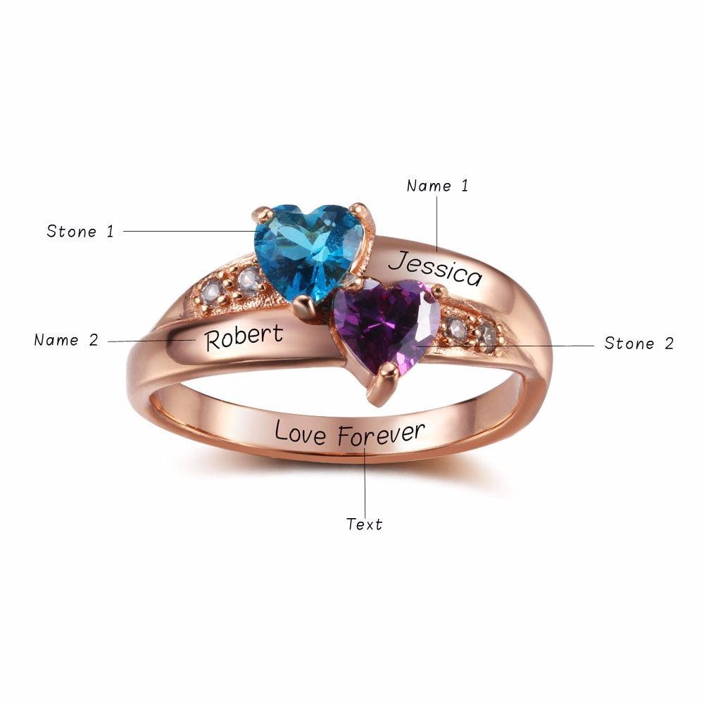 Personalized 925 Sterling Silver CZ Rings - Heart Shape Birthstones - Engrave Two Custom Names - Gifts for Her - Personalized Jewel