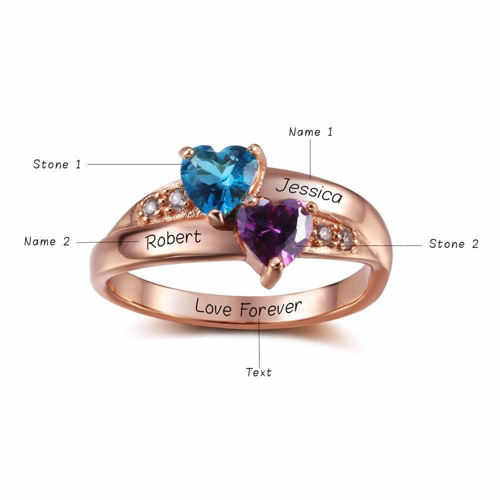 Personalized 925 Sterling Silver CZ Rings - Heart Shape Birthstones - Engrave Two Custom Names - Gifts for Her - Personalized Jewel
