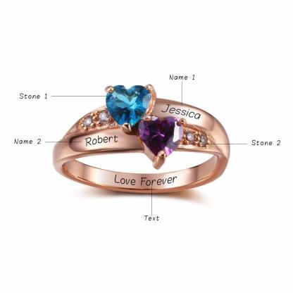 Personalized 925 Sterling Silver CZ Rings - Heart Shape Birthstones - Engrave Two Custom Names - Gifts for Her - Personalized Jewel