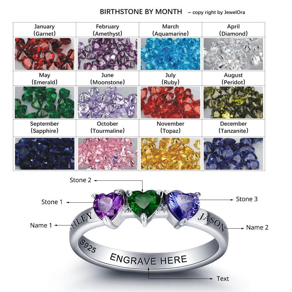 Personalized 925 Sterling Silver Engagement Rings for Women with Custom Birthstones & Engraved Names - Personalized Jewel