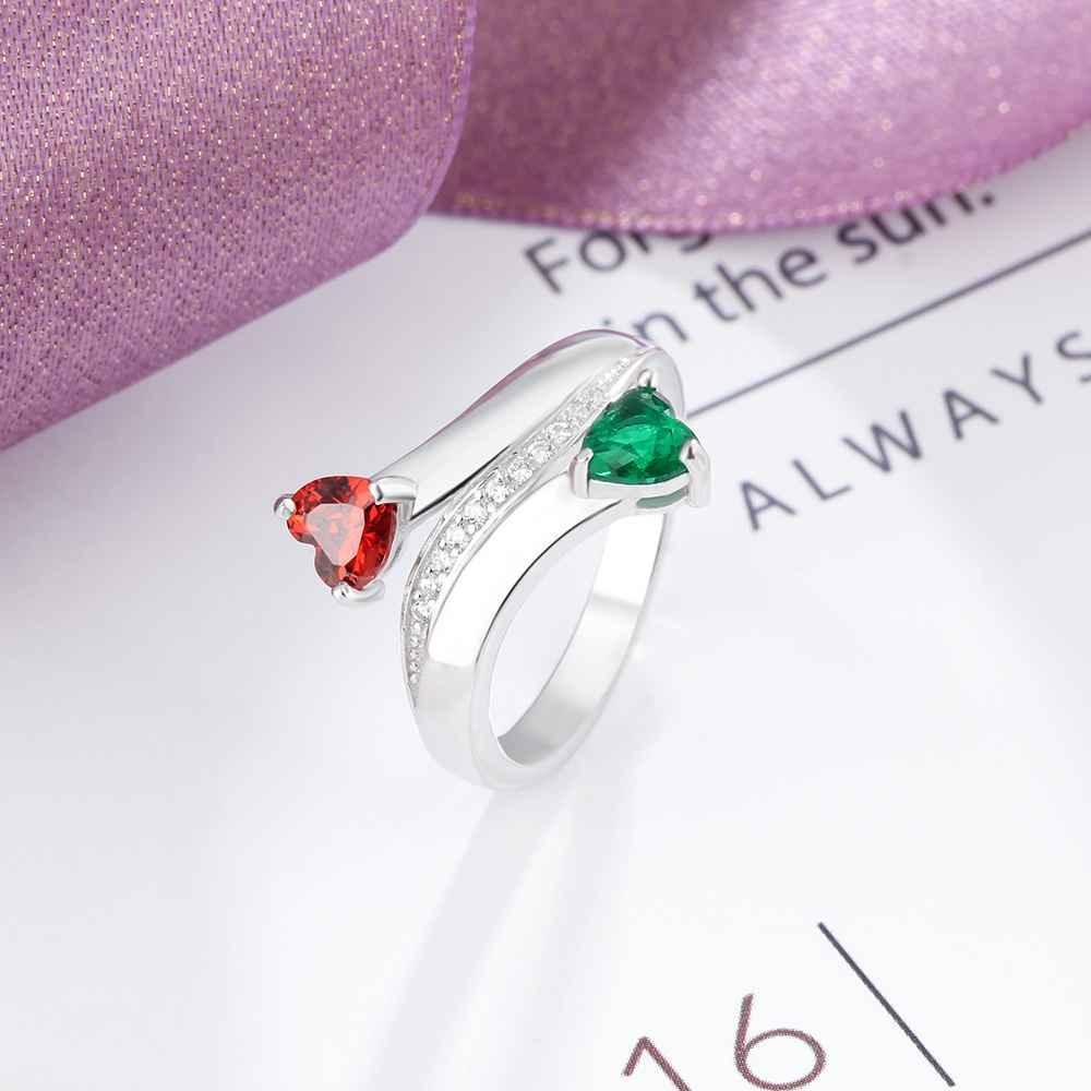 Personalized 925 Sterling Silver Engraved 2 Name Heart Birthstone Rings, Trendy Fashion Jewelry Gift - Personalized Jewel