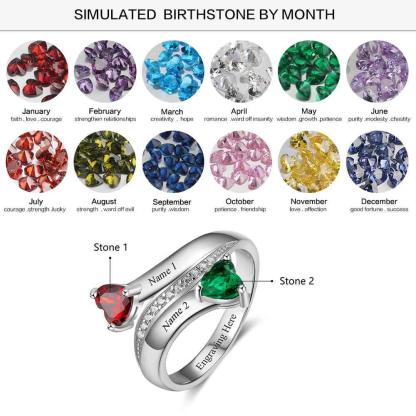 Personalized 925 Sterling Silver Engraved 2 Name Heart Birthstone Rings, Trendy Fashion Jewelry Gift - Personalized Jewel