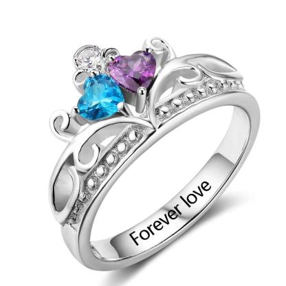 Personalized 925 Sterling Silver Heart Crown Ring For Women- Custom 2 Birthstones And Cubic Zirconia Stones Ring - Personalized Jewel