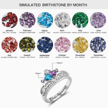 Personalized 925 Sterling Silver Heart Crown Ring For Women- Custom 2 Birthstones And Cubic Zirconia Stones Ring - Personalized Jewel