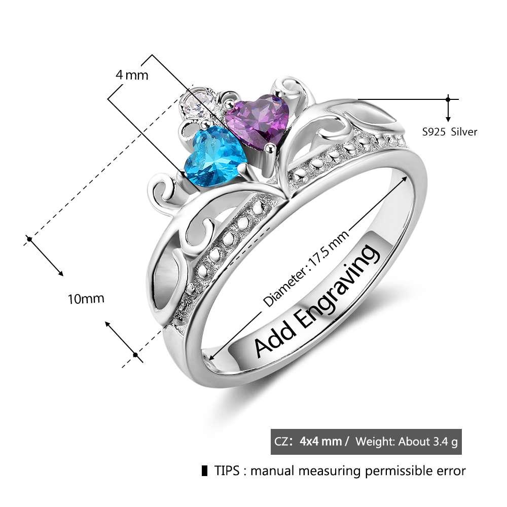 Personalized 925 Sterling Silver Heart Crown Ring For Women- Custom 2 Birthstones And Cubic Zirconia Stones Ring - Personalized Jewel