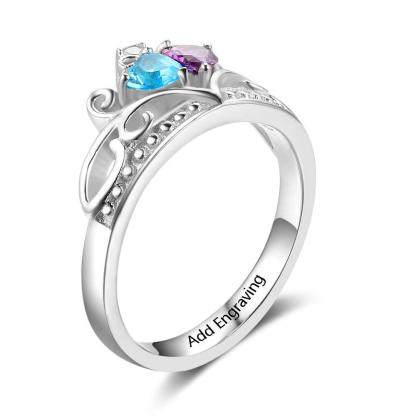 Personalized 925 Sterling Silver Heart Crown Ring For Women- Custom 2 Birthstones And Cubic Zirconia Stones Ring - Personalized Jewel