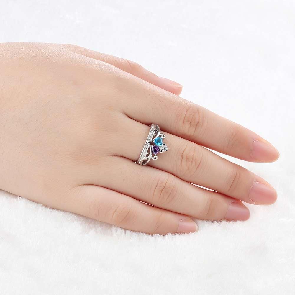 Personalized 925 Sterling Silver Heart Crown Ring For Women- Custom 2 Birthstones And Cubic Zirconia Stones Ring - Personalized Jewel