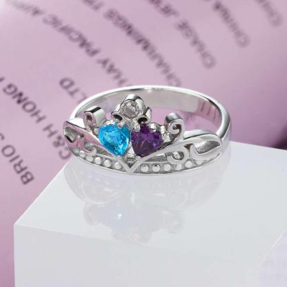 Personalized 925 Sterling Silver Heart Crown Ring For Women- Custom 2 Birthstones And Cubic Zirconia Stones Ring - Personalized Jewel