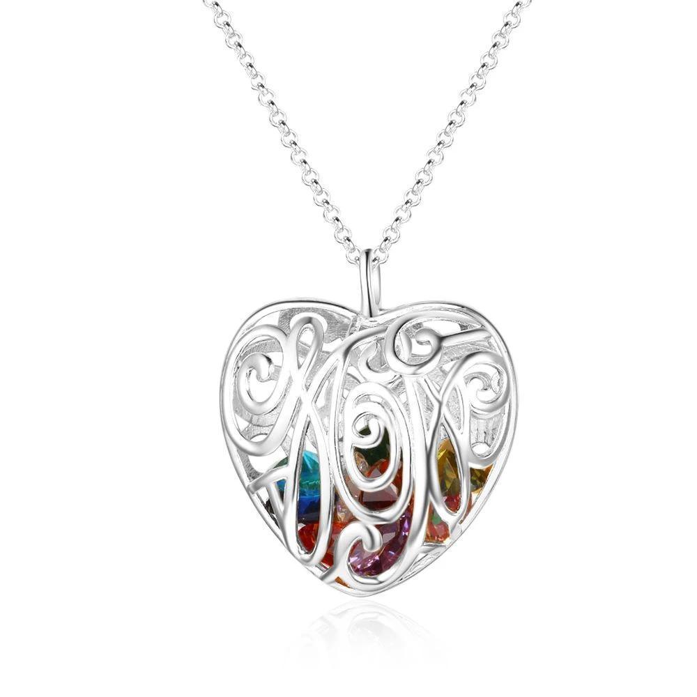 Personalized 925 Sterling Silver Hollow Pattern Heart Necklace with Birthstone, Perfect Gift for Mom - Personalized Jewel
