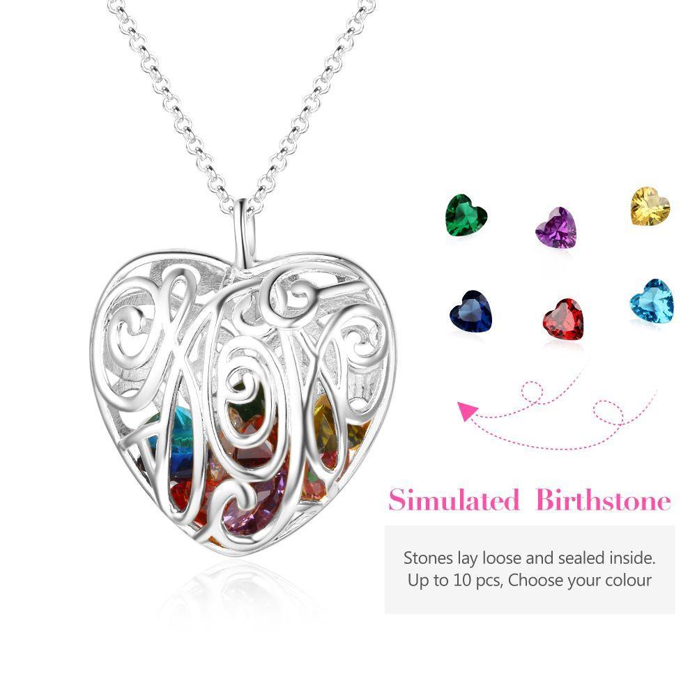 Personalized 925 Sterling Silver Hollow Pattern Heart Necklace with Birthstone, Perfect Gift for Mom - Personalized Jewel