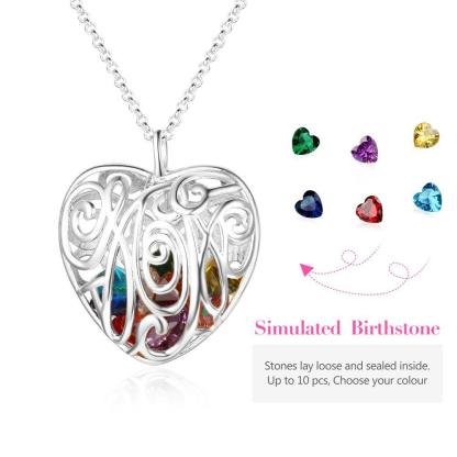 Personalized 925 Sterling Silver Hollow Pattern Heart Necklace with Birthstone, Perfect Gift for Mom - Personalized Jewel