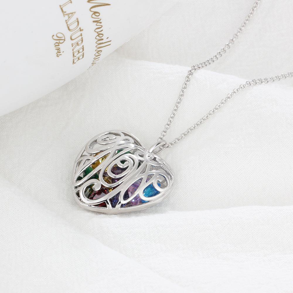 Personalized 925 Sterling Silver Hollow Pattern Heart Necklace with Birthstone, Perfect Gift for Mom - Personalized Jewel