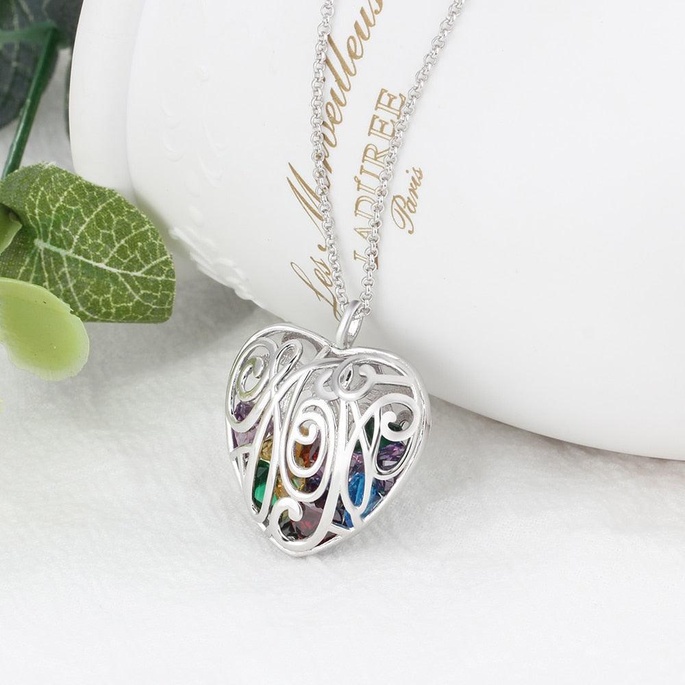 Personalized 925 Sterling Silver Hollow Pattern Heart Necklace with Birthstone, Perfect Gift for Mom - Personalized Jewel