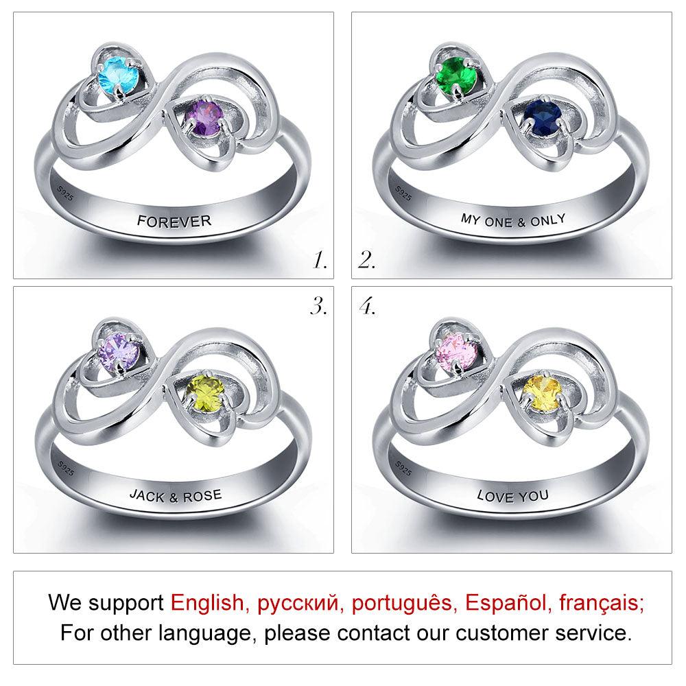 Personalized 925 Sterling Silver Infinity Love Rings for Women – Custom Two Birthstones & Engrave Name – Trendy Jewelry - Personalized Jewel