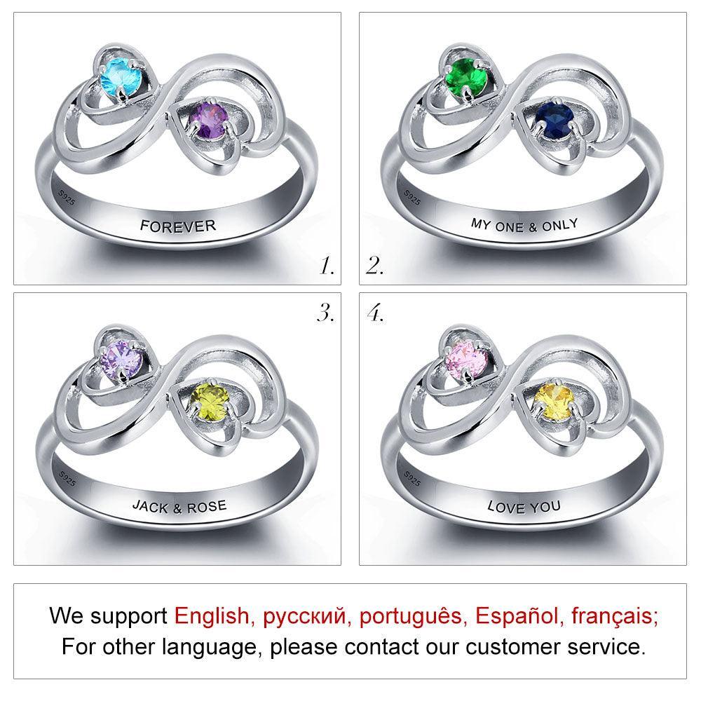 Personalized 925 Sterling Silver Infinity Love Rings for Women – Custom Two Birthstones & Engrave Name – Trendy Jewelry - Personalized Jewel