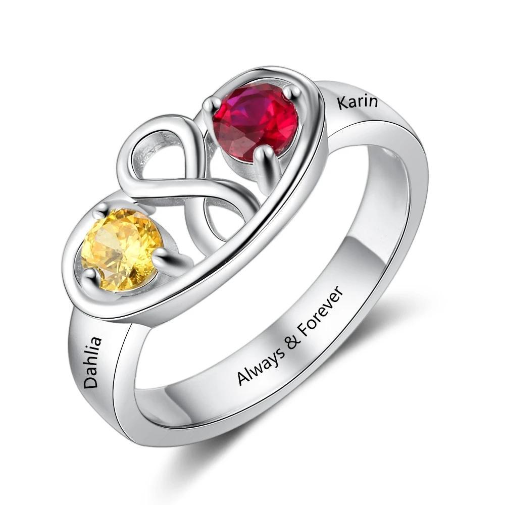 Personalized 925 Sterling Silver Infinity Ring For Women- Custom 2 Birthstone And Name Engraving Promise Ring-Personalized Jewels