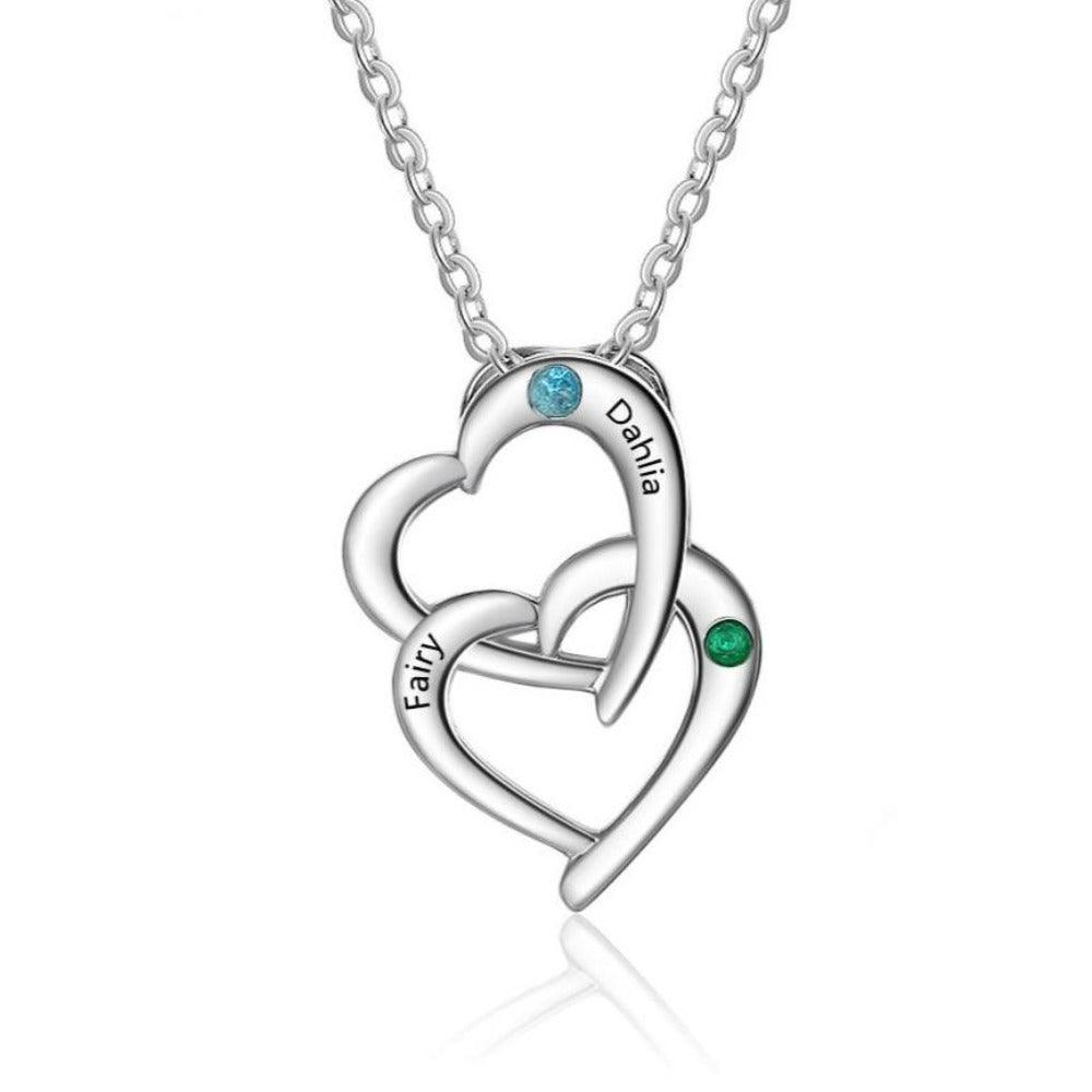 Personalized 925 Sterling Silver Interlocking Heart Necklace with 2 Birthstones Custom Engraved Name Silver Pendants for Women - Personalized Jewel