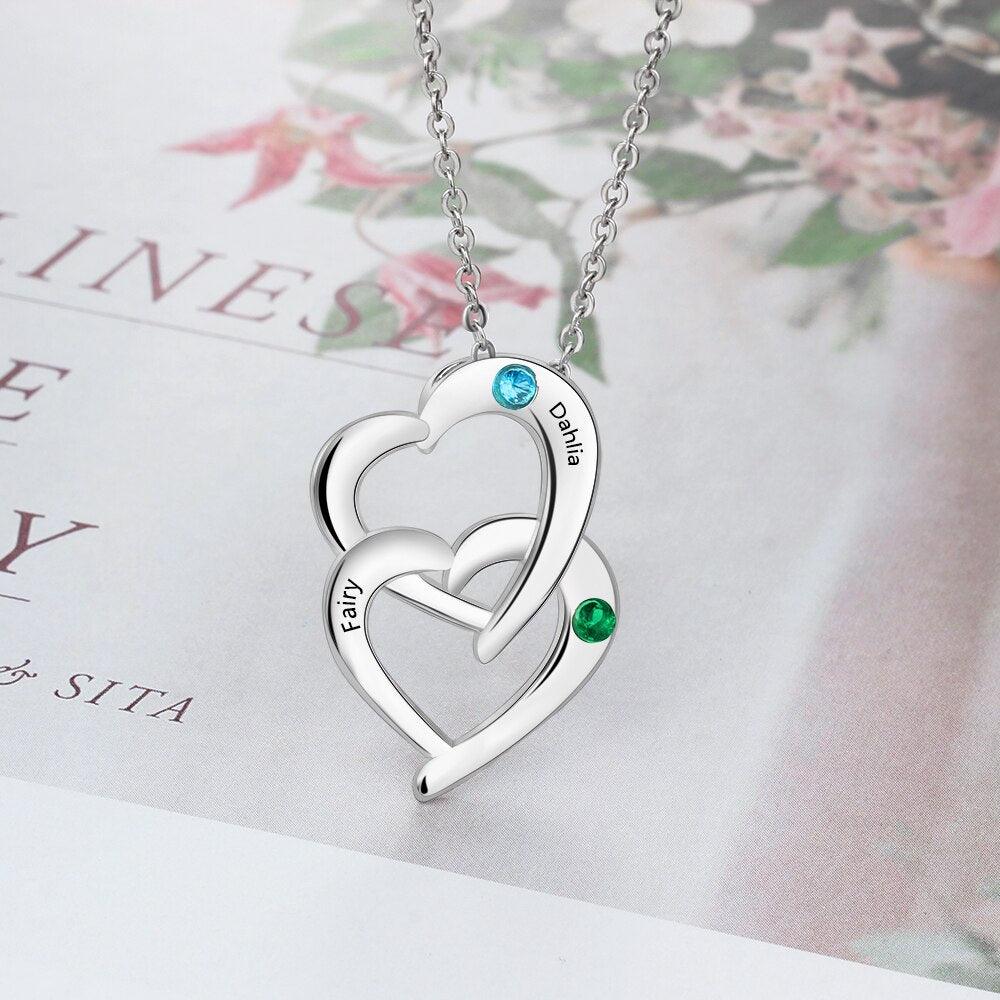 Personalized 925 Sterling Silver Interlocking Heart Necklace with 2 Birthstones Custom Engraved Name Silver Pendants for Women - Personalized Jewel