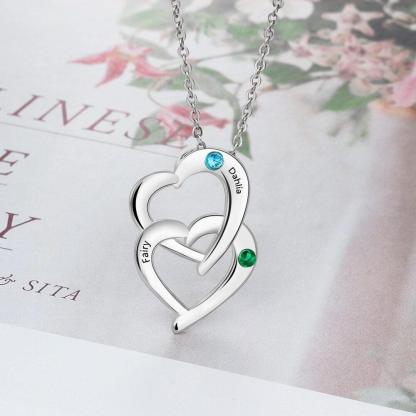 Personalized 925 Sterling Silver Interlocking Heart Necklace with 2 Birthstones Custom Engraved Name Silver Pendants for Women - Personalized Jewel