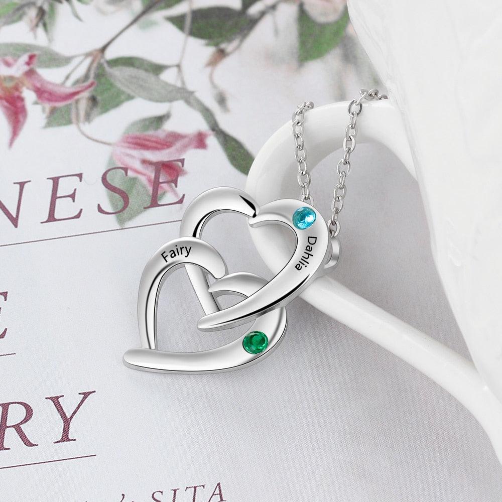 Personalized 925 Sterling Silver Interlocking Heart Necklace with 2 Birthstones Custom Engraved Name Silver Pendants for Women - Personalized Jewel