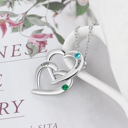 Personalized 925 Sterling Silver Interlocking Heart Necklace with 2 Birthstones Custom Engraved Name Silver Pendants for Women - Personalized Jewel