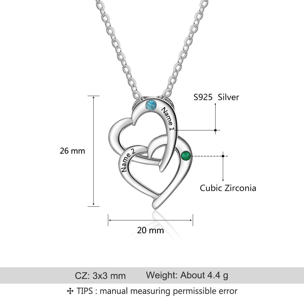 Personalized 925 Sterling Silver Interlocking Heart Necklace with 2 Birthstones Custom Engraved Name Silver Pendants for Women - Personalized Jewel