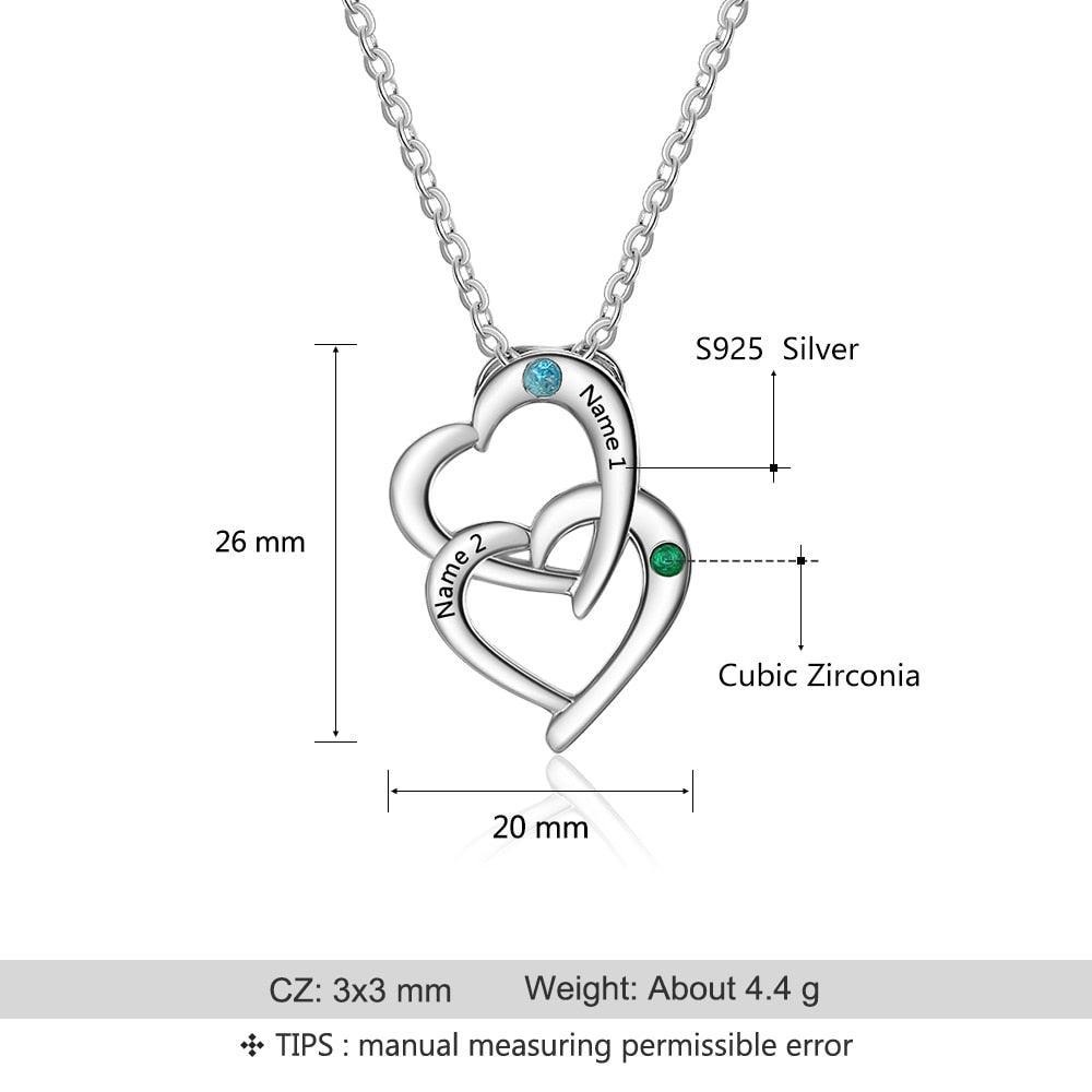 Personalized 925 Sterling Silver Interlocking Heart Necklace with 2 Birthstones Custom Engraved Name Silver Pendants for Women - Personalized Jewel