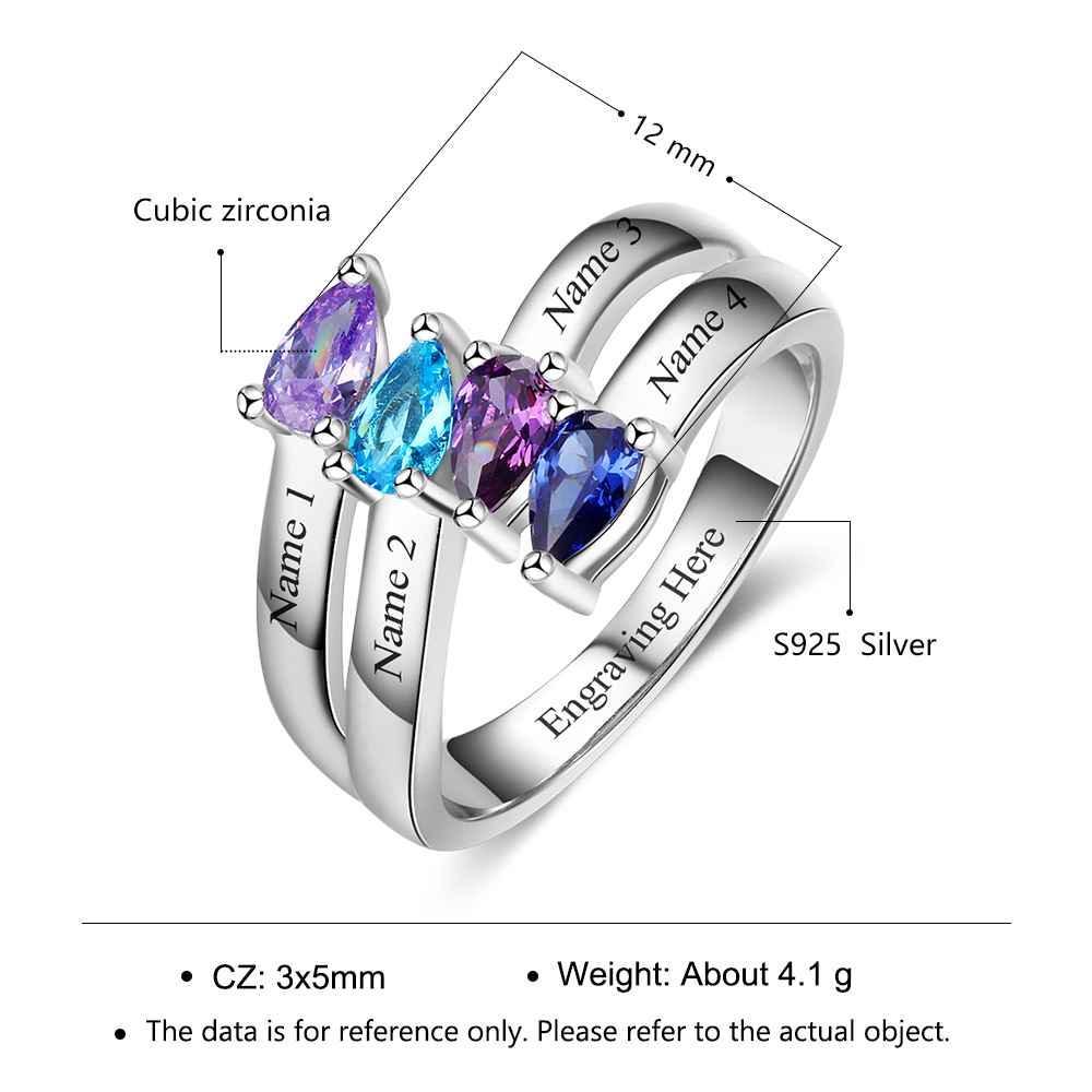 Personalized 925 Sterling Silver Jewelry Engraved 4 Names Sister Birthstone Rings - Personalized Jewel