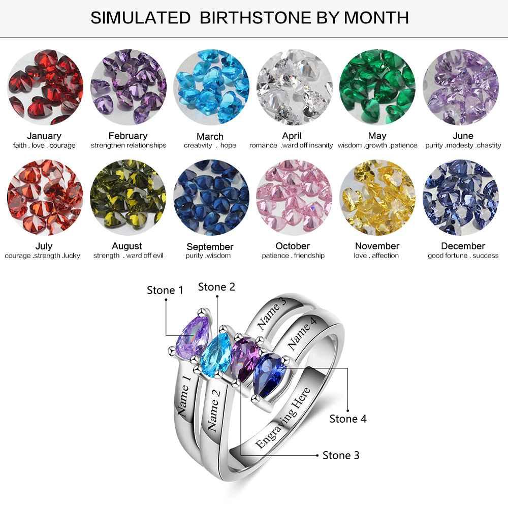 Personalized 925 Sterling Silver Jewelry Engraved 4 Names Sister Birthstone Rings - Personalized Jewel