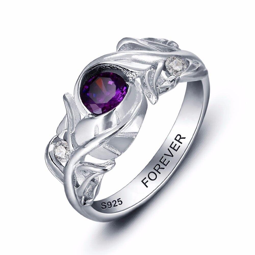 Personalized 925 Sterling Silver Leaf Rings for Women – Engraved Name – Custom Birthstone-Personalized Jewels