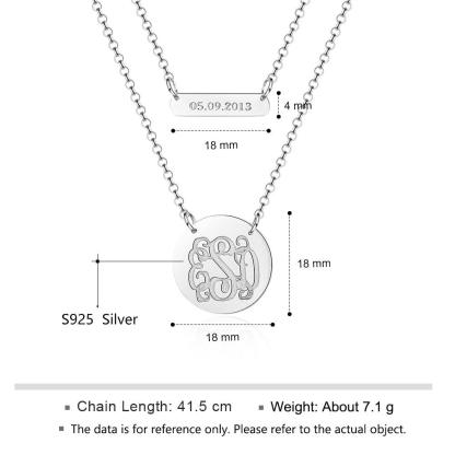 Personalized 925 Sterling Silver Monogram Custom Name & Date Double Chain Necklaces, Gift For Women - Personalized Jewel
