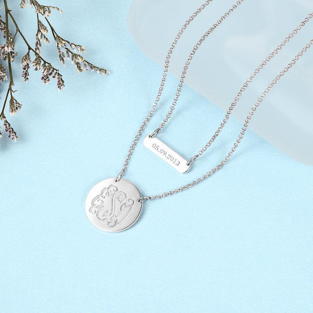 Personalized 925 Sterling Silver Monogram Custom Name & Date Double Chain Necklaces, Gift For Women - Personalized Jewel