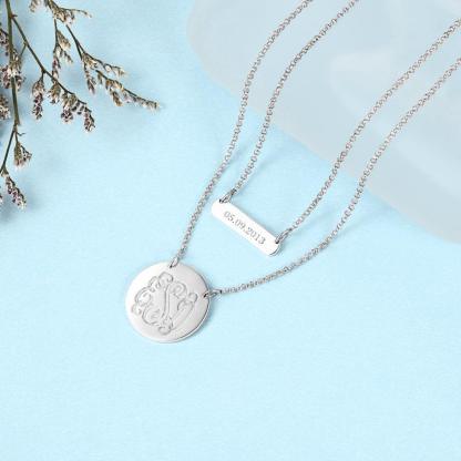 Personalized 925 Sterling Silver Monogram Custom Name & Date Double Chain Necklaces, Gift For Women - Personalized Jewel