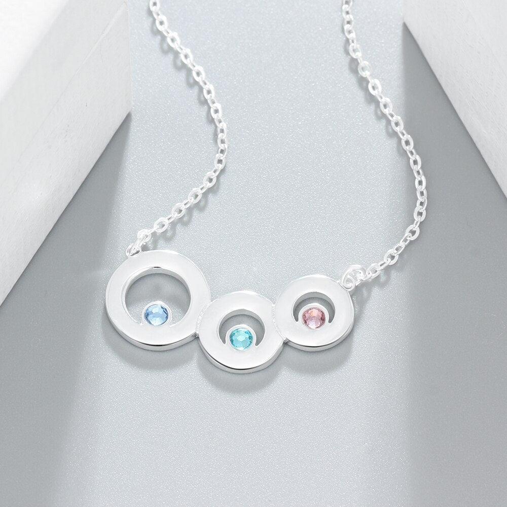 Personalized 925 Sterling Silver Name Necklace with 3 Circle Birthstone Pendant, Trendy Family Jewelry for Women - Personalized Jewel