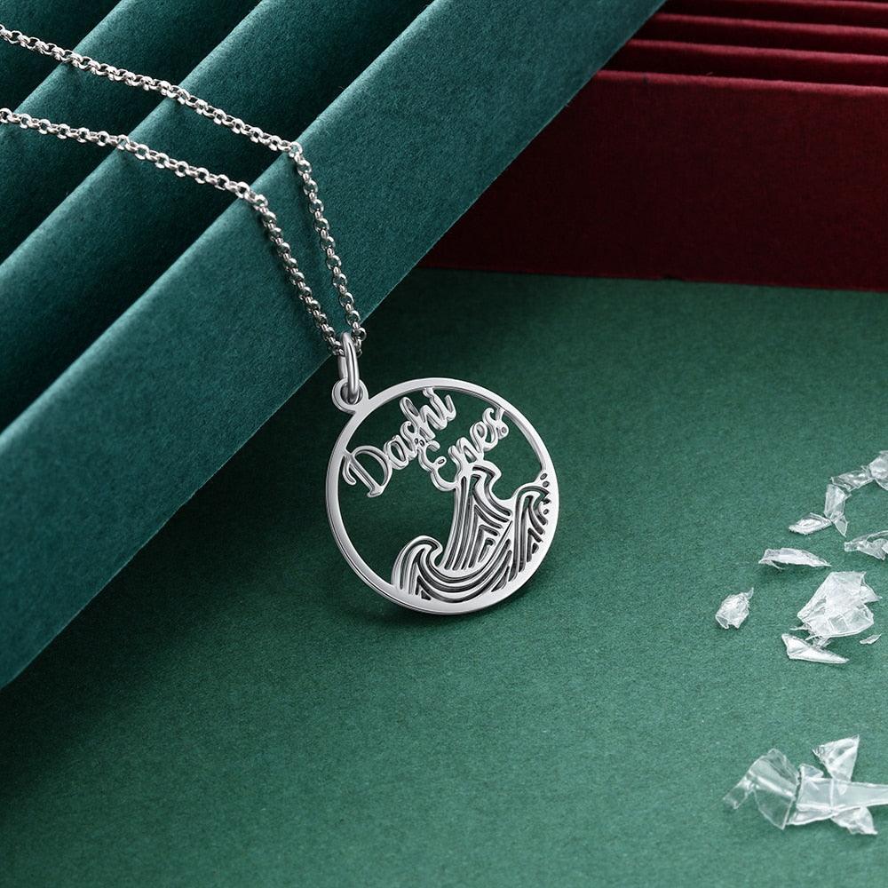 Personalized 925 Sterling Silver Necklace For Women With Wave Shape Customized 2 Names Circle Pendant, Anniversary Gift - Personalized Jewel