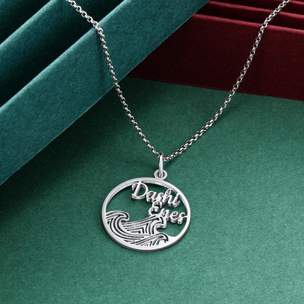 Personalized 925 Sterling Silver Necklace For Women With Wave Shape Customized 2 Names Circle Pendant, Anniversary Gift - Personalized Jewel