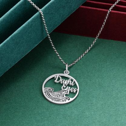 Personalized 925 Sterling Silver Necklace For Women With Wave Shape Customized 2 Names Circle Pendant, Anniversary Gift - Personalized Jewel