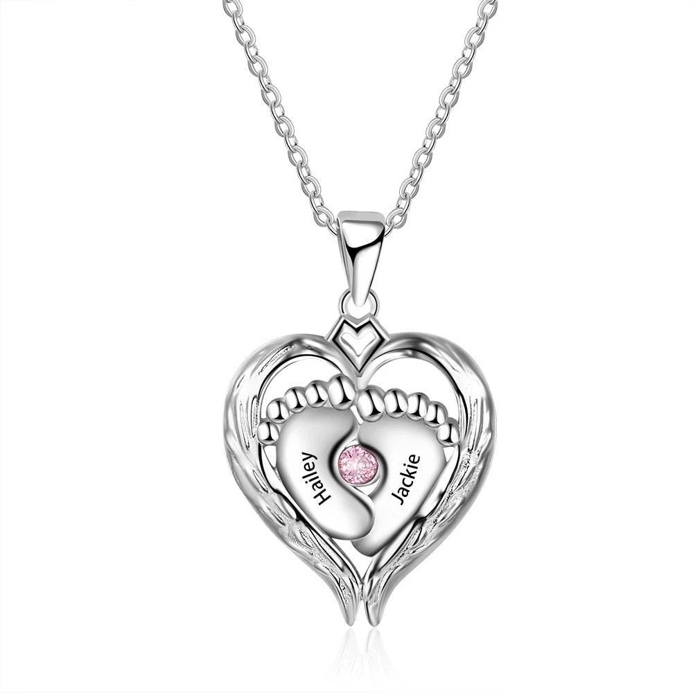 Personalized 925 Sterling Silver Necklace - Heart Shaped Baby Feet Pendant - Engrave Two Custom Names - One Birthstone - Personalized Jewel